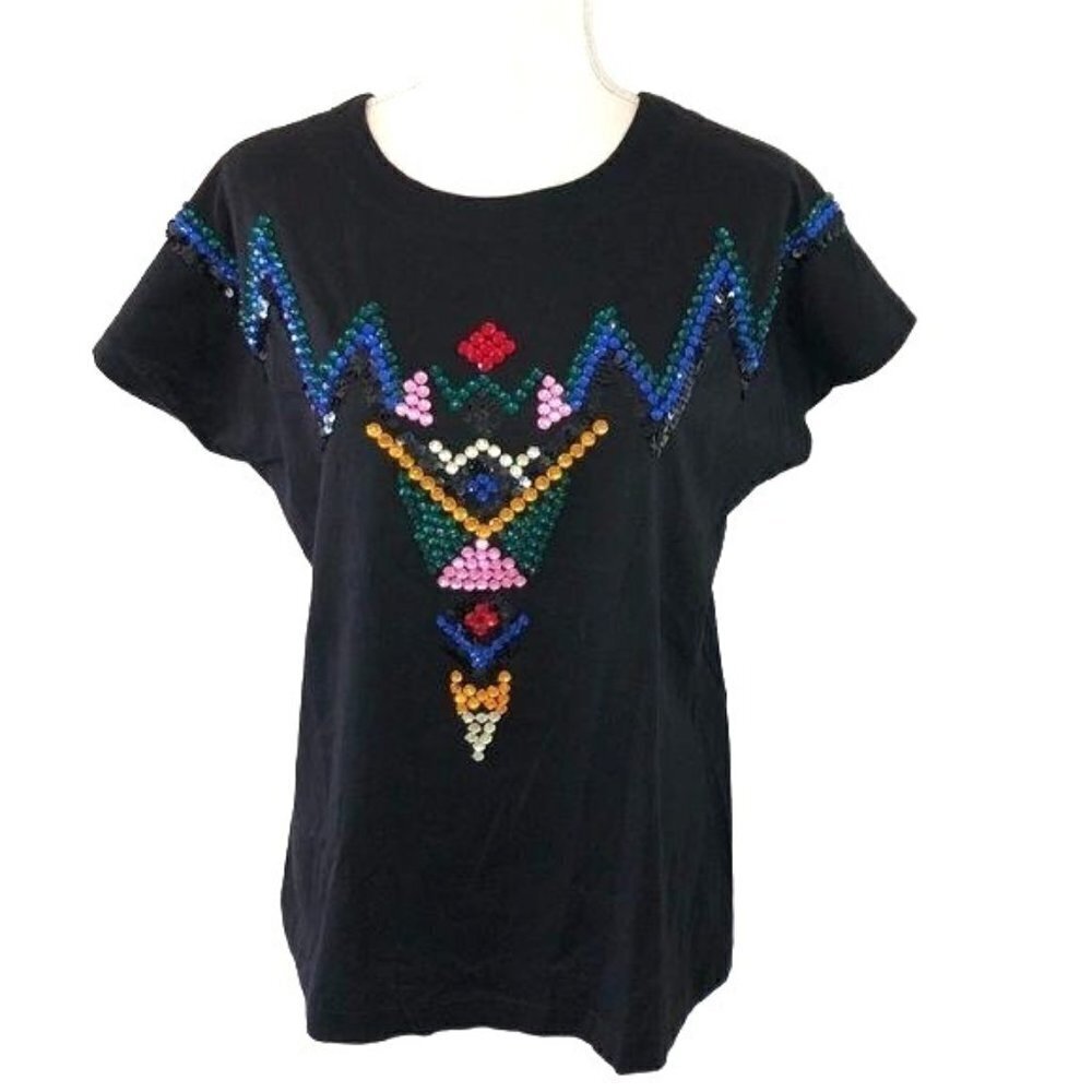 Mondi T-Shirt Womens Sequin Rhinestone Embellished Black Cotton Retro New NWOT